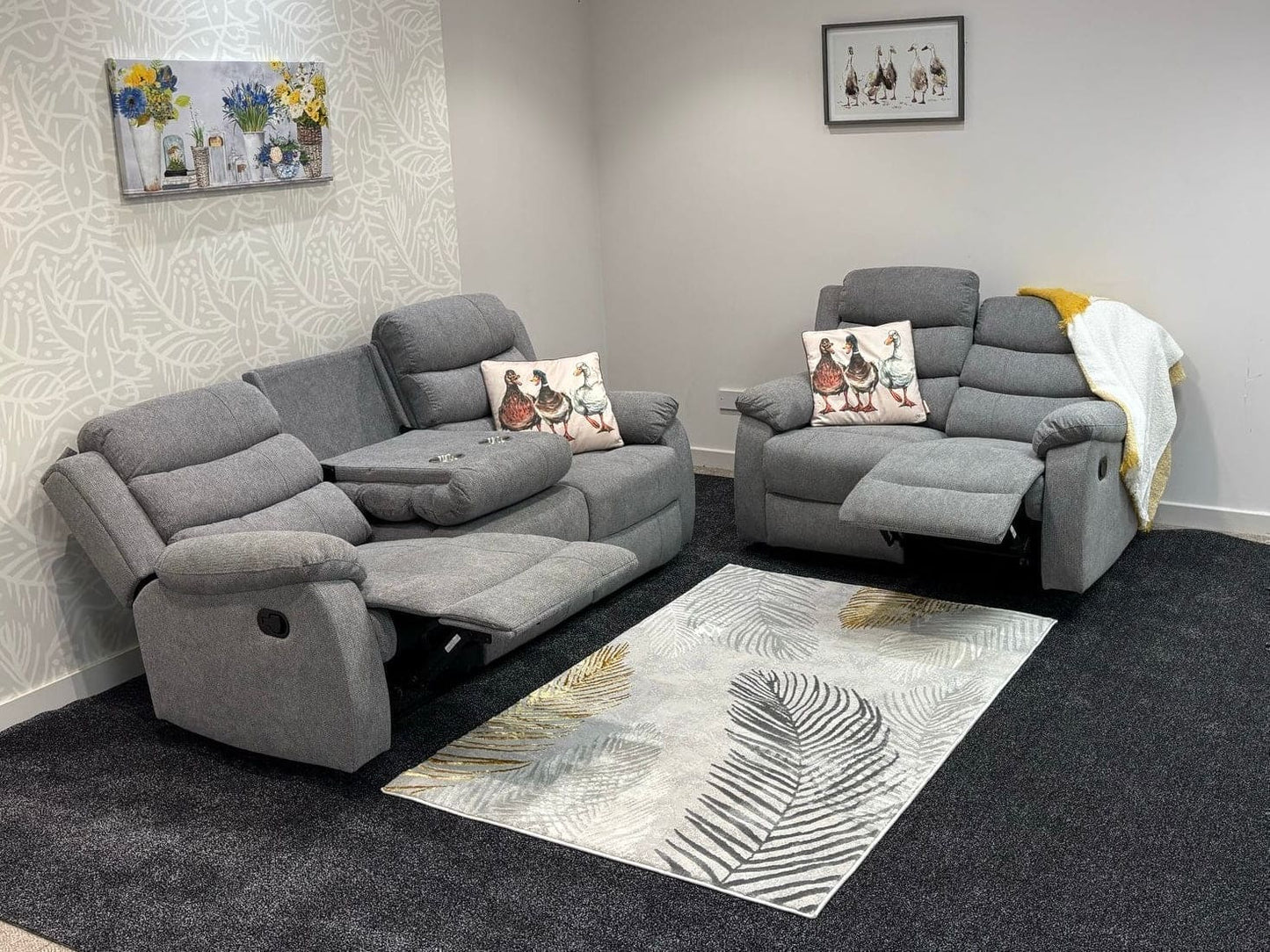 "Lewson" Electric / Power Reclining Grey Fleck Fabric Sofa Set - USB Charging & Drinks Tray Table | Couch |