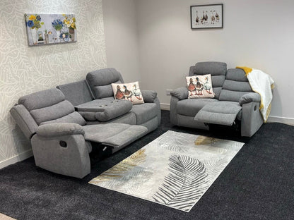 "Lewson" Electric / Power Reclining Grey Fleck Fabric Sofa Set - USB Charging & Drinks Tray Table | Couch |
