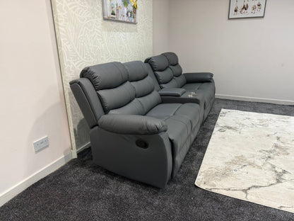 Lando Grey Leather 4 Seater Sofa With Drinks Console | Fold Down Tray Table, High Headrest & Seating Position Couch