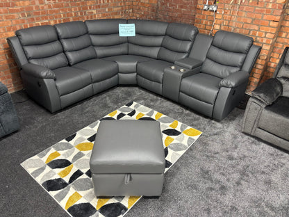 'Lando' Grey Leather Reversible Reclining Corner Sofa | Comes With A Storage Footstool, Drinks Console | Fold Down Tray Table | High Backrest & Seating Position | Couch |