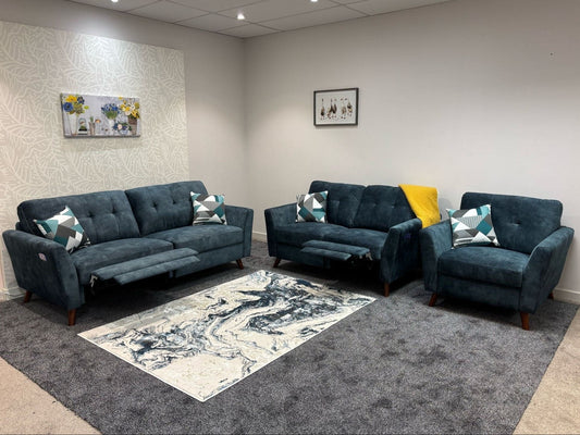 DFS Electric Recliner Ocean / Blue Plush Velvet Fabric 3 Seater, 2 Seater & Armchair Sofa Set Range