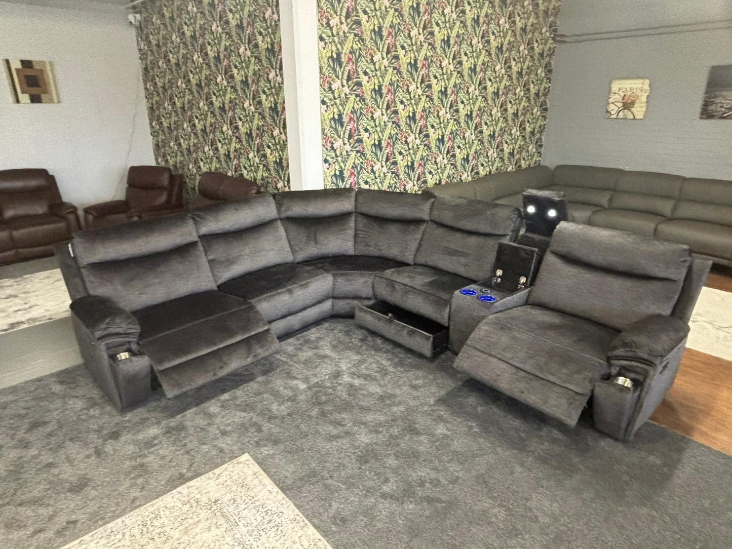 "Trek" Grey Plush Fabric Power Recliner Corner Sofa With USB Charging Ports, Drinks Cooling Cup Holders Plus Many More Modern Features