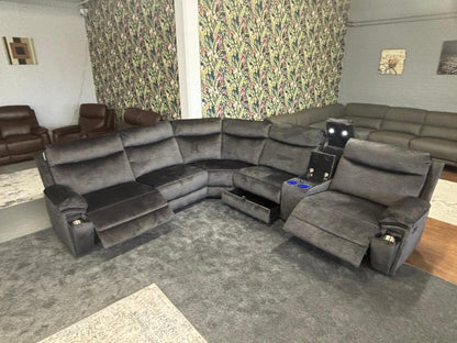 "Trek" Grey Plush Fabric Power Recliner Corner Sofa With USB Charging Ports, Drinks Cooling Cup Holders Plus Many More Modern Features
