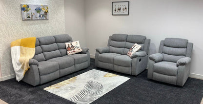 "Lewson" Electric / Power Reclining Grey Fleck Fabric Sofa Set - USB Charging & Drinks Tray Table | Couch |
