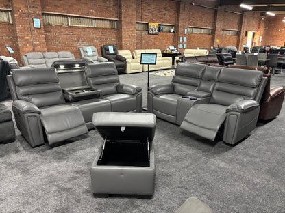 Donald Grey Leather Electric / Power Reclining 3 Seater + 2 Seater + Storage Footstool Sofa Suite Set With Drinks Coolers USB Charging Ports & Drop Down Tray Table