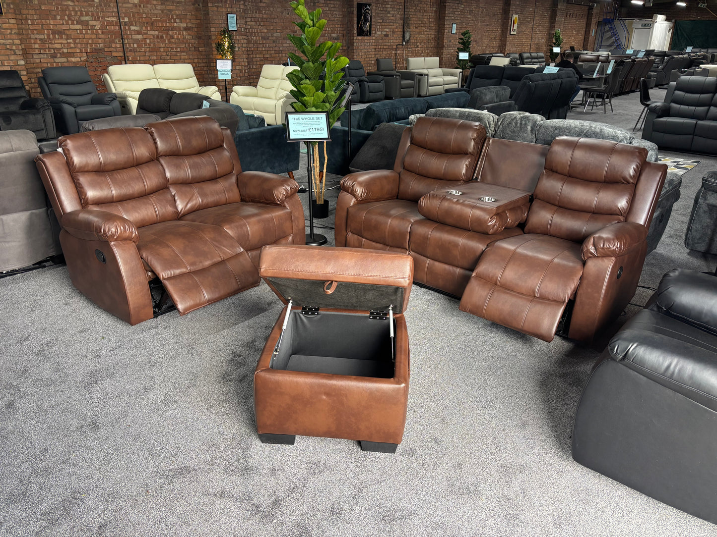Lando Brown Leather 3 Seater + 2 Seater + Storage Footstool Reclining Sofa Set | Drinks Tray Table | High Backrests | 2 Stage Reclining | Couch |