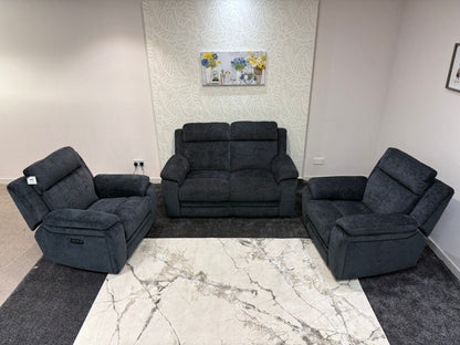 "Barre" Electric / Power Reclining Grey Fabric 2 Seater Sofa + 2 Armchairs Sofa Set - USB Charging Ports
