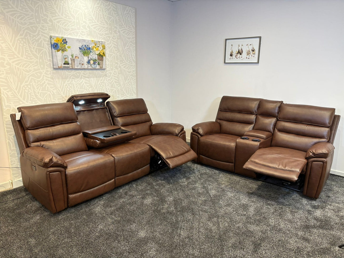 Donald Brown Leather Electric / Power Reclining Sofa Range Suite Set With USB Charging Ports & Drop Down Tray Table