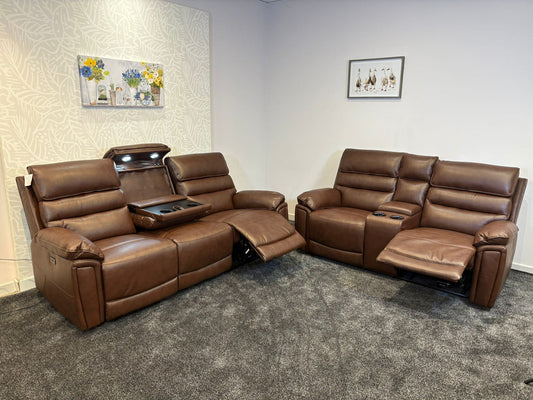 Donald Brown Leather Electric / Power Reclining 3 Seater + 2 Seater Sofa Set With USB Charging Ports & Drop Down Tray Table