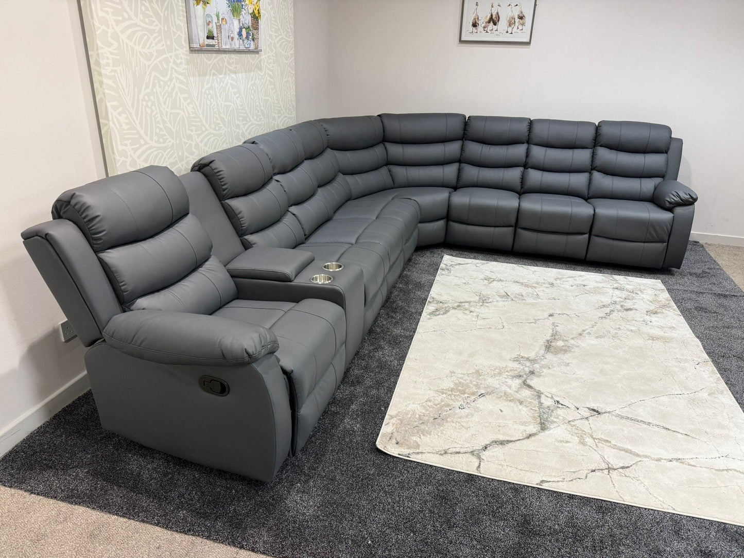 "Lando" Grey Leather 4C3C Recliner Corner Sofa Reversible | 2 x Drinks Tray Table | Modular