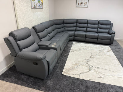 "Lando" Grey Leather 4C3C Recliner Corner Sofa Reversible | 2 x Drinks Tray Table | Modular