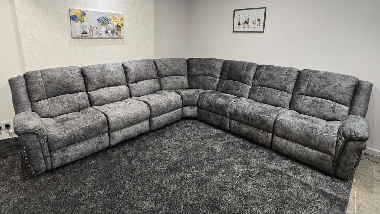 GALAXY Grey Plush Velvet Fabric Electric Reclining 3C3 Corner Sofa & USB Ports