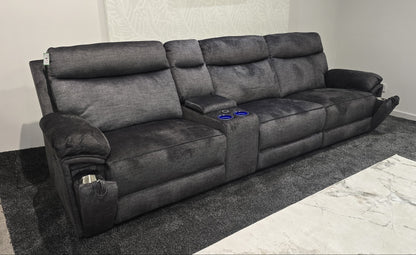 "Xavier" Reversible 5 Seater Cinema Sofa Grey Plush Fabric With Power Recliners, USB Charging Ports, Wireless Charging & Drinks Cooling Cup Holders. Laf + RAF + Armless + Tech Console