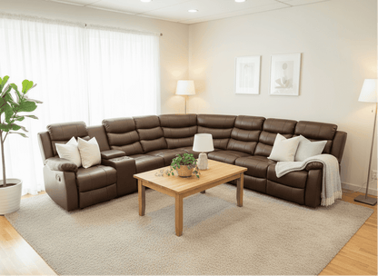 "Lando" Brown Leather 3C3C Recliner Corner Sofa Reversible | Drinks Tray Table | Modular