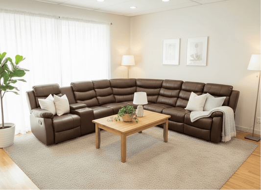 "Lando" Brown Leather 3C3C Recliner Corner Sofa Reversible | Drinks Tray Table | Modular