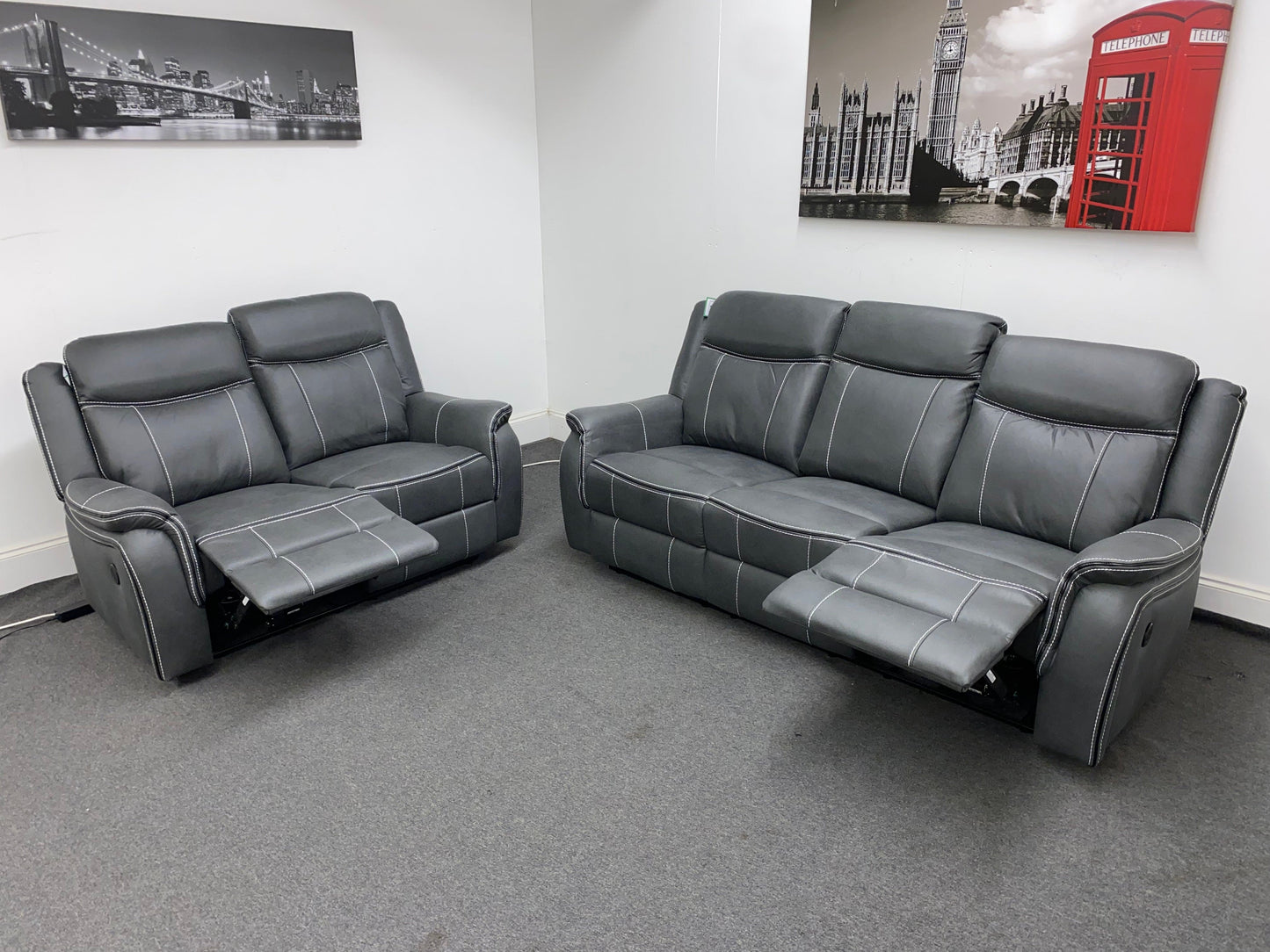 " Sloane Vision " Grey Water Resistant Microfibre Fabric 3 + 2 Seater Electric / Power Recliner Sofa Suite Set With USB Ports & Drop Down Tray Table | Couch |