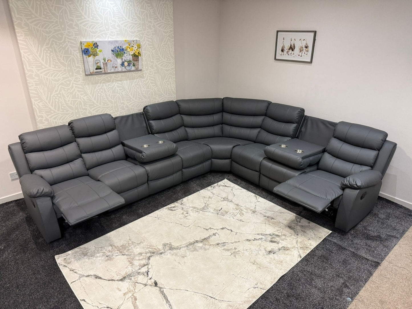 "Lando" Grey Leather 4C3 Recliner Corner Sofa Reversible | 2 x Drinks Tray Tables | Modular