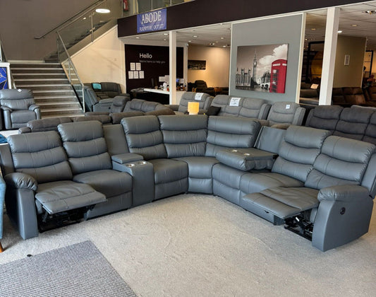 "Lando" Grey Leather 3C3C Recliner Corner Sofa Reversible | Drinks Tray Table | Modular