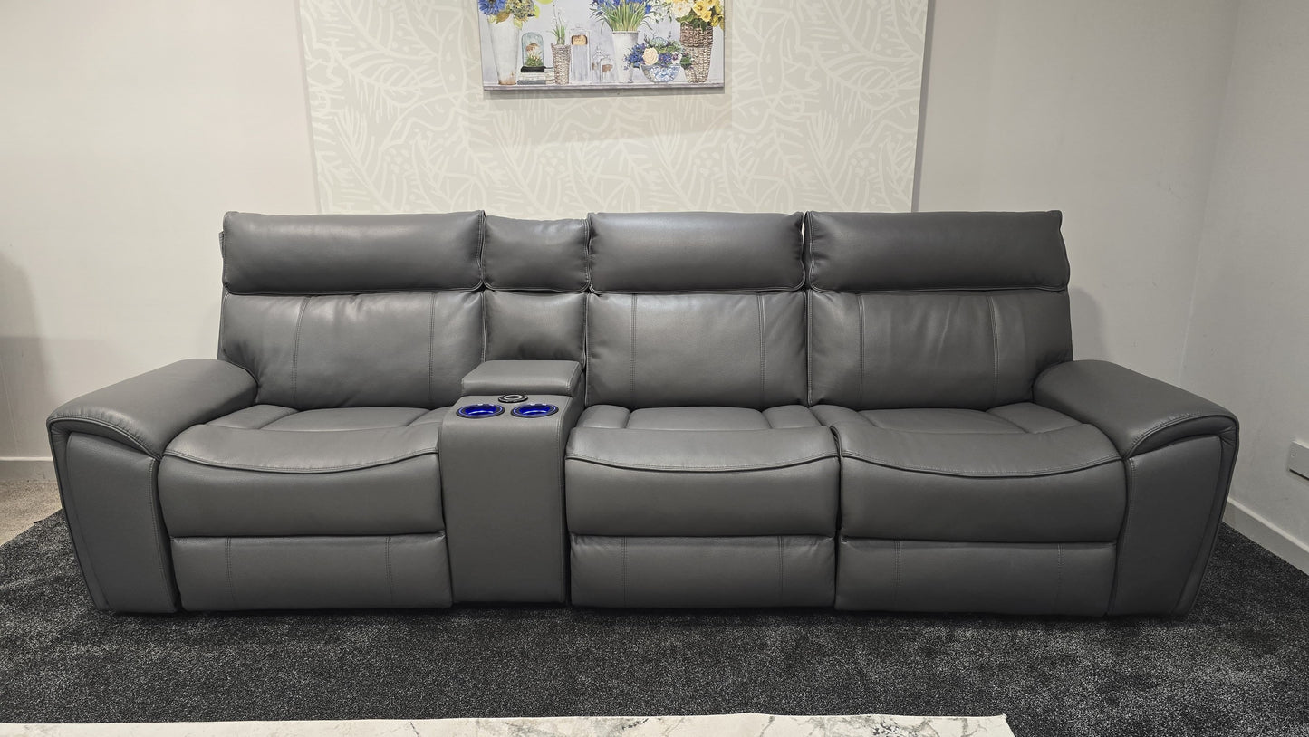 "Ronan" Reversible Cinema 5 Seater Sofa In Milano Grey Leather & With Electric Recliners, Drinks Coolers, Wireless Charging & Storage. Laf + Raf + Armless Tech Console