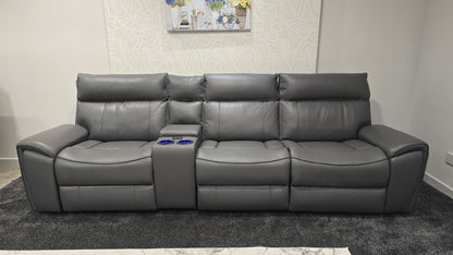 "Ronan" Reversible Cinema 5 Seater Sofa In Milano Grey Leather & With Electric Recliners, Drinks Coolers, Wireless Charging & Storage. Laf + Raf + Armless Tech Console