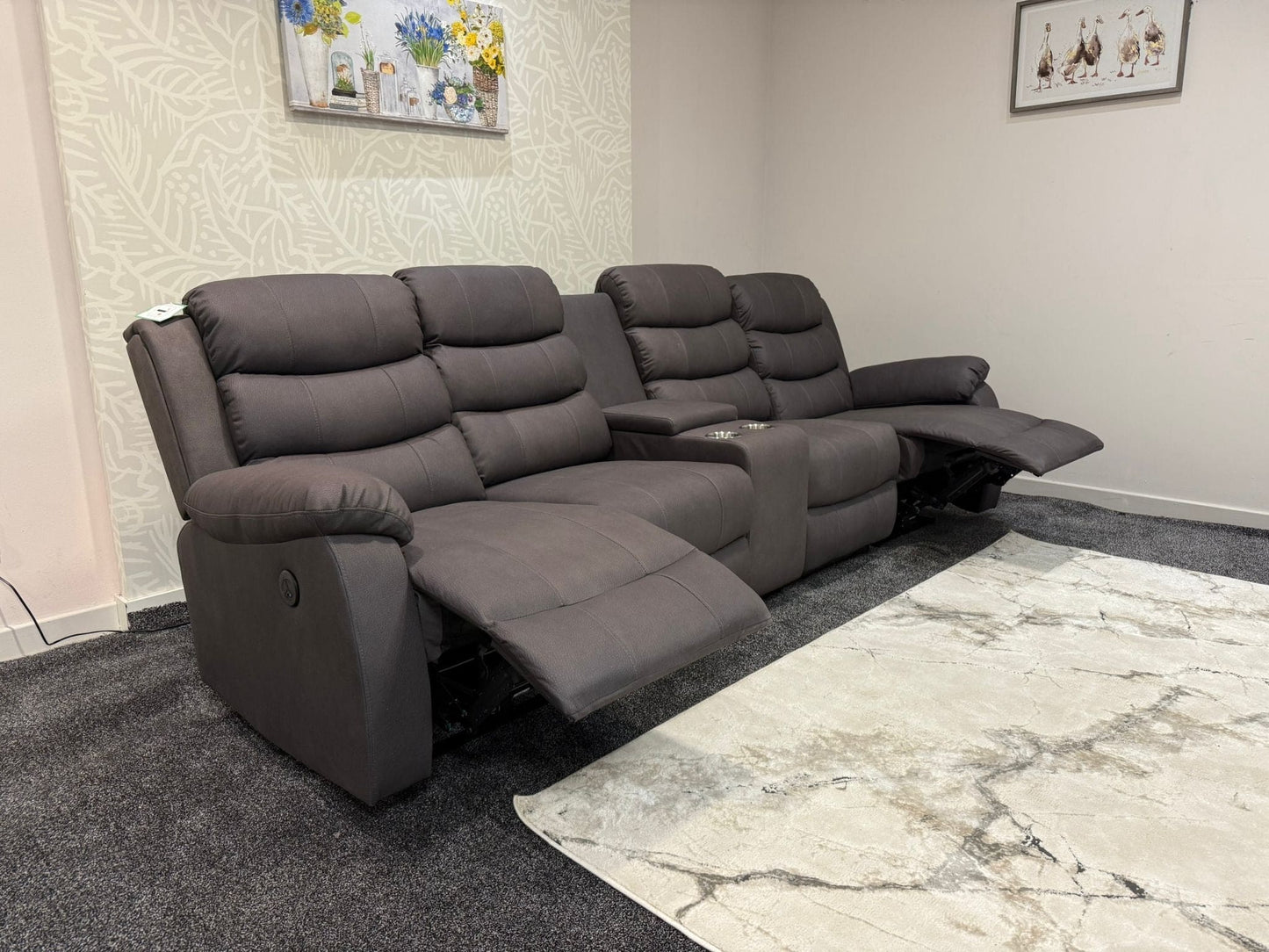 Willow Grey Easy Clean Fabric 4 Seater Sofa With Drinks Console - High Headrest & Seating Position Couch