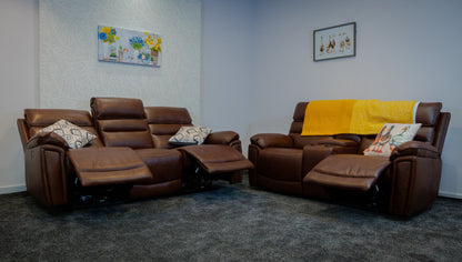 Donald Brown Leather Electric / Power Reclining 3 Seater + 2 Seater Sofa Set With USB Charging Ports & Drop Down Tray Table