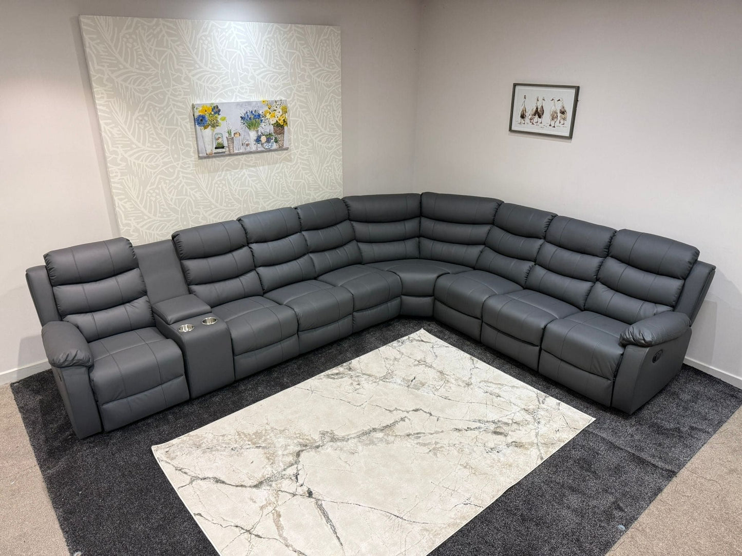 "Lando" Grey Leather 4C3C Recliner Corner Sofa Reversible | 2 x Drinks Tray Table | Modular