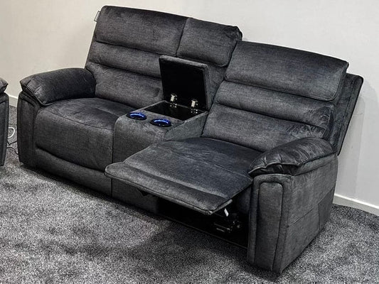 The “ Donald " Electric / Power Reclining Charcoal Grey Fabric 2 Seater Tech Sofa - USB Charging & Drinks Coolers Plus High Seating & Backrest Position | Couch |