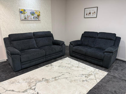 "Barre" Electric / Power Reclining Grey Fabric 3 + 2 Seater Sofa Set - USB Charging Ports