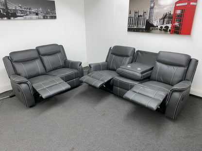 " Sloane Vision " Grey Water Resistant Microfibre Fabric 3 + 2 Seater Electric / Power Recliner Sofa Suite Set With USB Ports & Drop Down Tray Table | Couch |