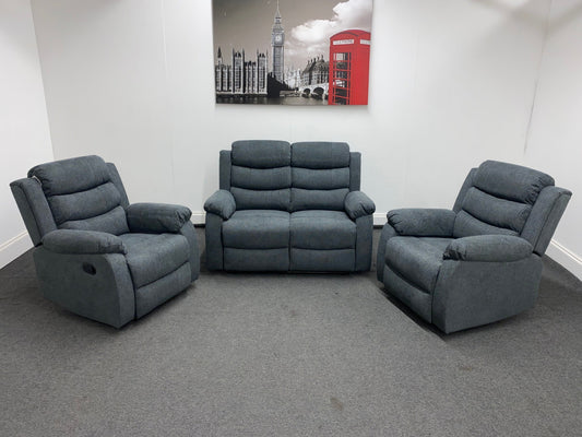 ‘Lewson’ Charcoal Grey Fabric Recliner 2 + 1 + 1 Seater Sofa + Armchair Sofa Suite Set | Couch |