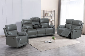 Supreme Charcoal / Grey Leather Electric Power Reclining 3 Seater 2 & Armchair Sofa Suite Set