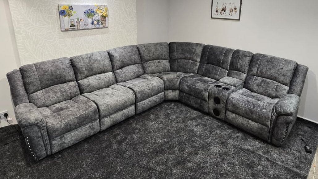 GALAXY Grey Plush Velvet Fabric Electric Reclining 3C2C Corner Sofa, Drinks Coolers & USB Ports