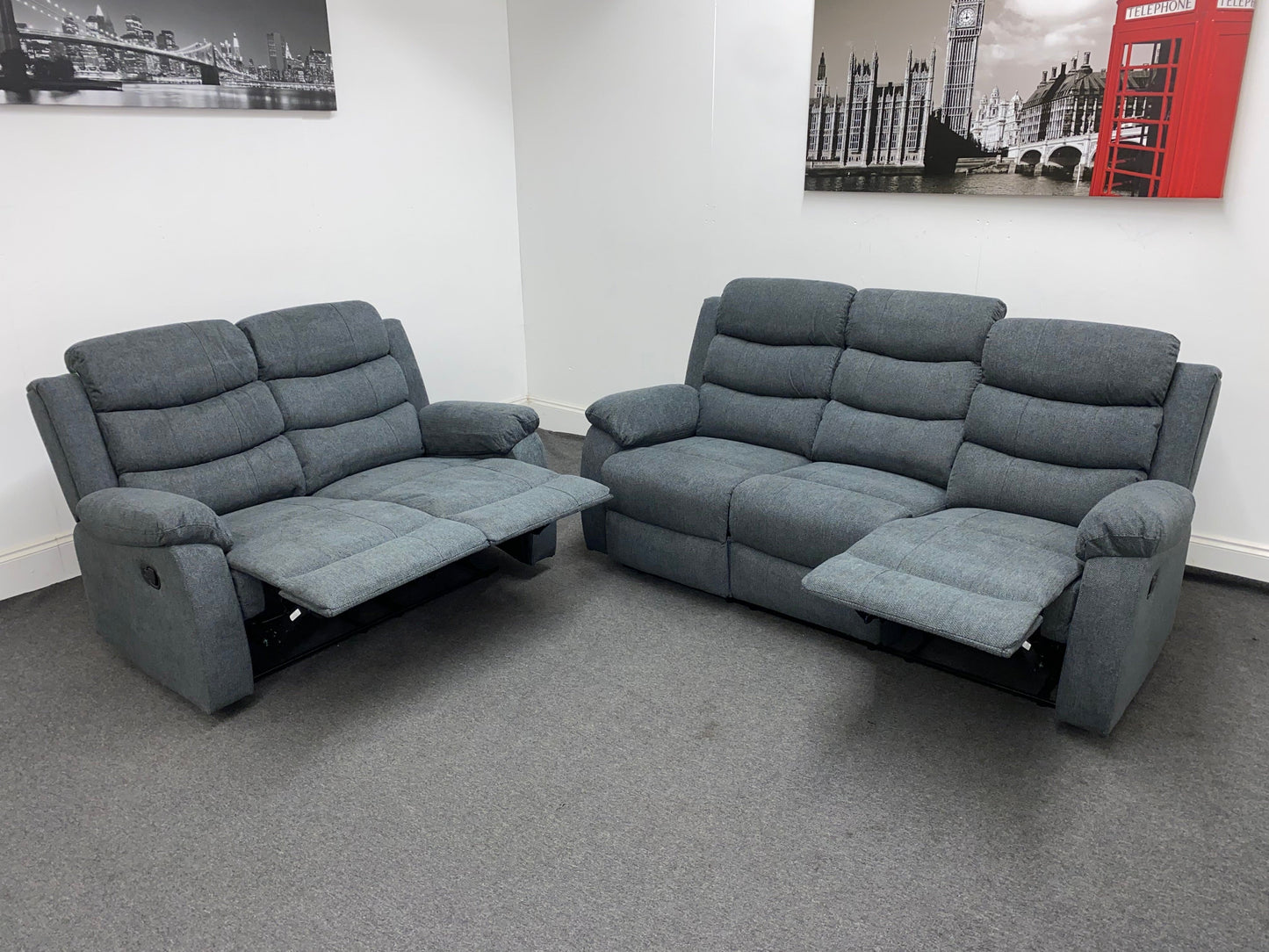 ‘Lewson’ Charcoal Grey Fabric Recliner 3 Seater + 2 Seater Sofa Set + Drinks Tray Table | Couch |