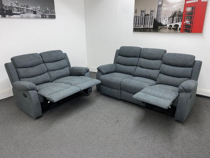 ‘Lewson’ Charcoal Grey Fabric Recliner 3 Seater + 2 Seater Sofa Set + Drinks Tray Table | Couch |