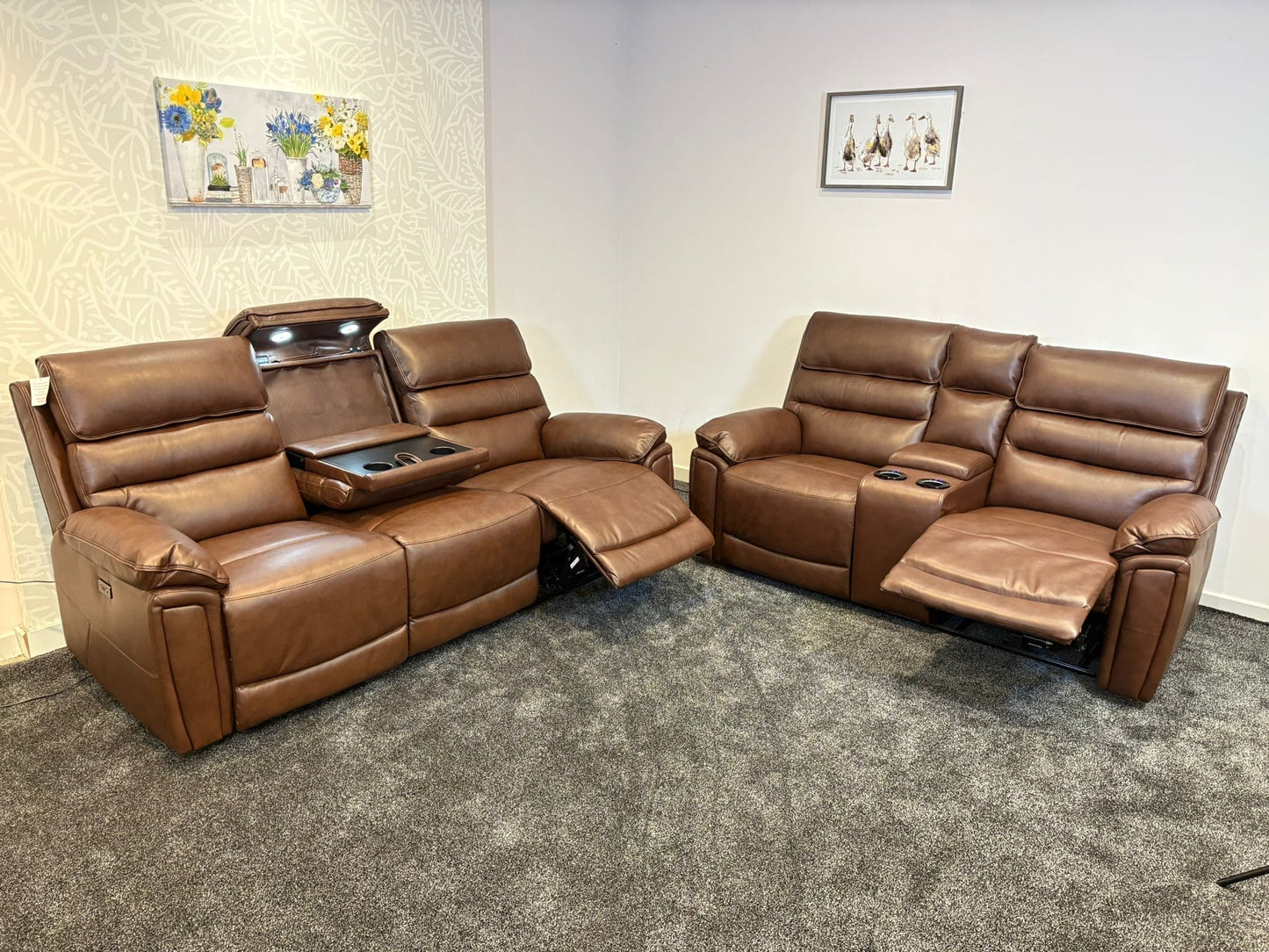 Donald Brown Leather Electric / Power Reclining Sofa Range Suite Set With USB Charging Ports & Drop Down Tray Table