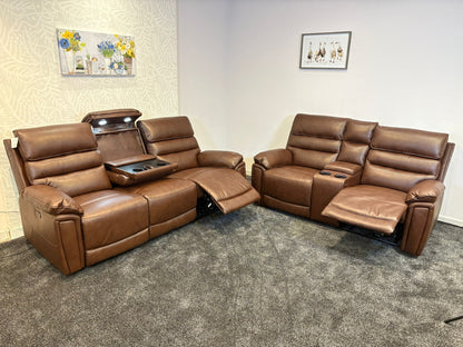 Donald Brown Leather Electric / Power Reclining Sofa Range Suite Set With USB Charging Ports & Drop Down Tray Table