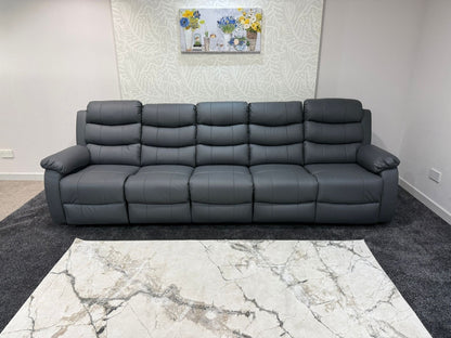 Lando Grey Leather 5 Seater Sofa | Fold Down Tray Table, High Headrest & Seating Position Couch