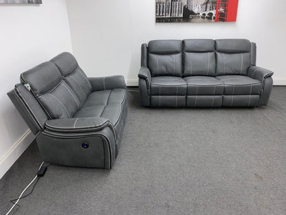 " Sloane Vision " Grey Water Resistant Microfibre Fabric 3 + 2 Seater Electric / Power Recliner Sofa Suite Set With USB Ports & Drop Down Tray Table | Couch |