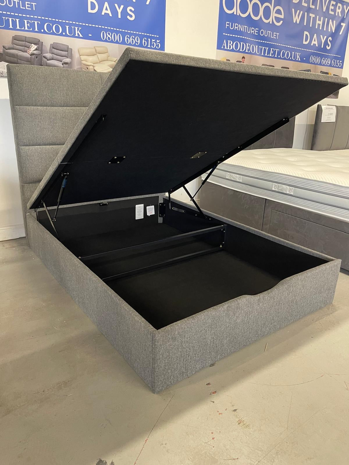 'Indulgence' Grey Fabric Ottoman Bed Frame & Firm Mattress Package - Available In 4'6ft Double or 5ft King