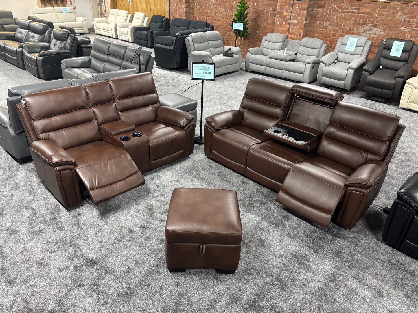 Donald Brown Leather Electric / Power Reclining 3 Seater + 2 Seater + Storage Footstool Sofa Set With USB Charging Ports & Drop Down Tray Table