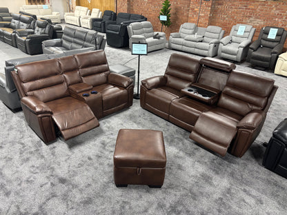 Donald Brown Leather Electric / Power Reclining 3 Seater + 2 Seater + Storage Footstool Sofa Set With USB Charging Ports & Drop Down Tray Table