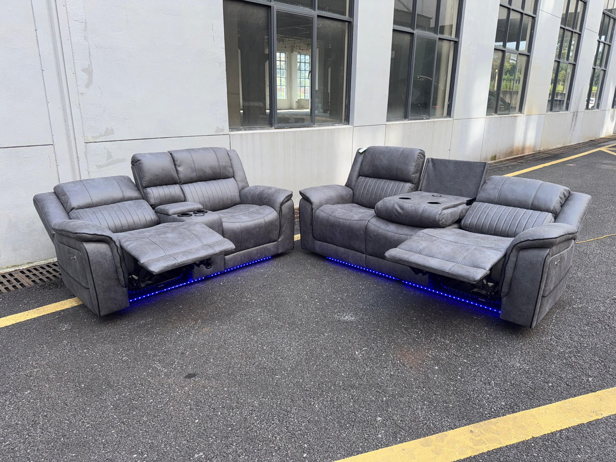 (Pre Order Promo Deal!) Geneva Mid Grey Easy Clean Suede Fabric 3 Seater + 2 Seater With Tech Console + Armchair Set | Online Only
