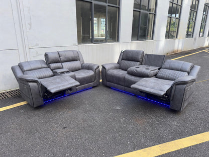 (Pre Order Promo Deal!) Geneva Mid Grey Easy Clean Suede Fabric 3 Seater + 2 Seater With Tech Console + Armchair Set | Online Only