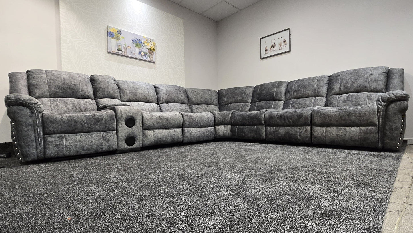 GALAXY Grey Plush Velvet Fabric Electric Reclining 3C3C Corner Sofa | Cooling Cupholders & USB Ports