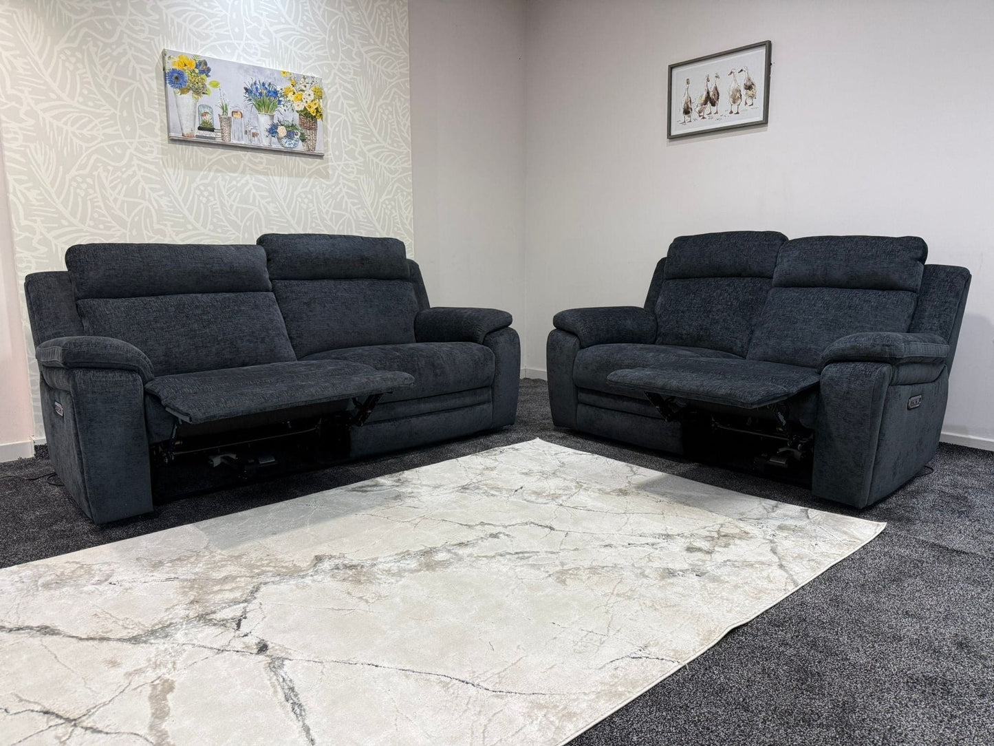 "Barre" Electric / Power Reclining Grey Fabric 3 + 2 Seater Sofa Set - USB Charging Ports