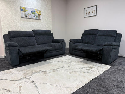 "Barre" Electric / Power Reclining Grey Fabric 3 + 2 Seater Sofa Set - USB Charging Ports