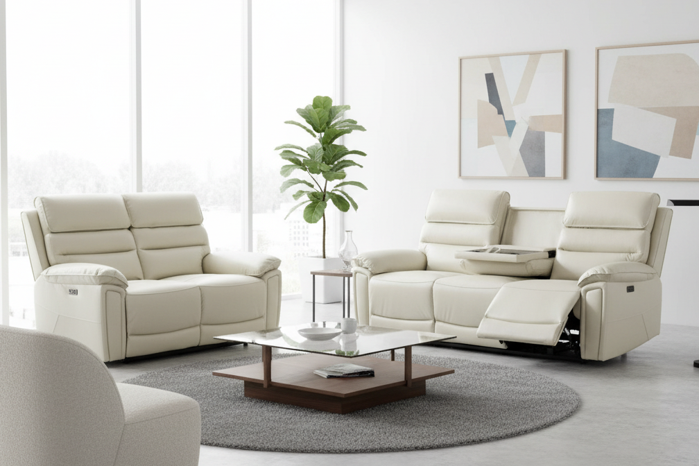 Donald Ivory Cream Leather Electric / Power Reclining 3 Seater + 2 Seater Sofa Set With USB Charging Ports & Drop Down Tray Table