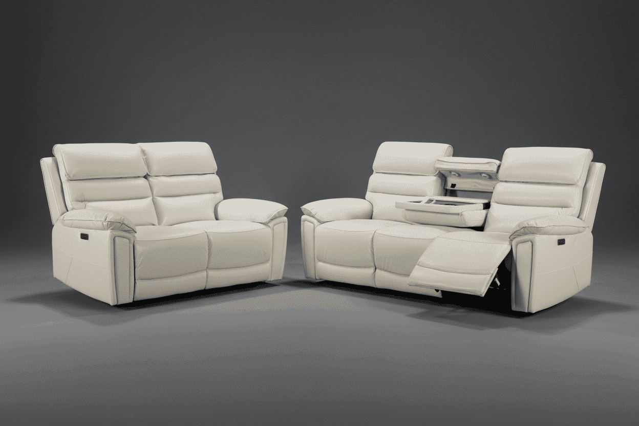 DFS Lawson Ivory Cream Leather Electric Reclining 3 Seater + 2 Seater Sofa Set With USB Charging Ports & Drop Down Tray Table