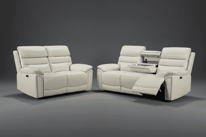 DFS Lawson Ivory Cream Leather Electric Reclining 3 Seater + 2 Seater Sofa Set With USB Charging Ports & Drop Down Tray Table